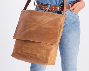 Brown Leather Crossbody Bag, Messenger Bag, Everyday Bag, Minimalist Brown Bag, Laptop Bag Women, Leather Satchel, Personalized Bag, MAYKO