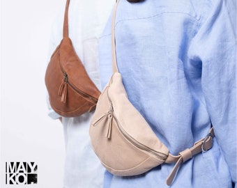 Leren heuptasje, sling bag crossbody leren tas, handgemaakte lederen heuptas voor dames en heren, buiktas, groot heuptasje, heuptas MAYKO