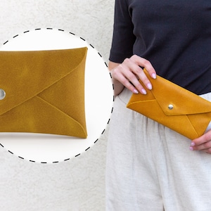 Yellow Leather Case, Personalized Gift, Envelope Clutch, Clutch Wristlet, Gift For Woman, Leather Wallet, Leather Pouch, Small Leather Bag, Large