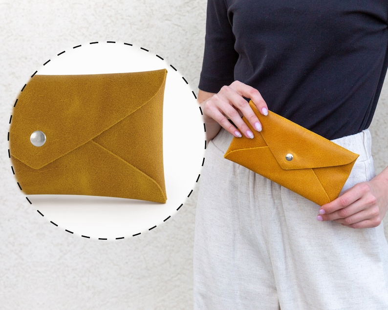 Yellow Leather Case, Personalized Gift, Envelope Clutch, Clutch Wristlet, Gift For Woman, Leather Wallet, Leather Pouch, Small Leather Bag, Large