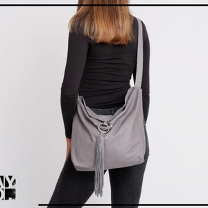 Gray Leather Hobo Bag, Women Leather Handbag, Hobo Crossbody Bag, Soft Leather Bag, Adjustable Strap, Leather Tassel Closure image 1