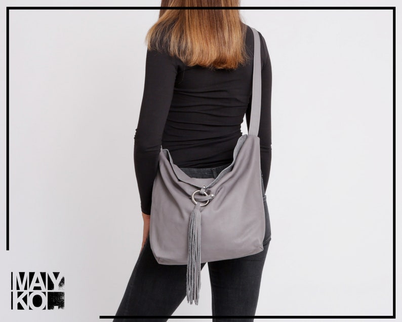 Gray Leather Hobo Bag, Women Leather Handbag, Hobo Crossbody Bag, Soft Leather Bag, Adjustable Strap, Leather Tassel Closure image 1