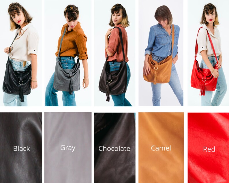 Gray Leather Hobo Bag, Women Leather Handbag, Hobo Crossbody Bag, Soft Leather Bag, Adjustable Strap, Leather Tassel Closure image 5