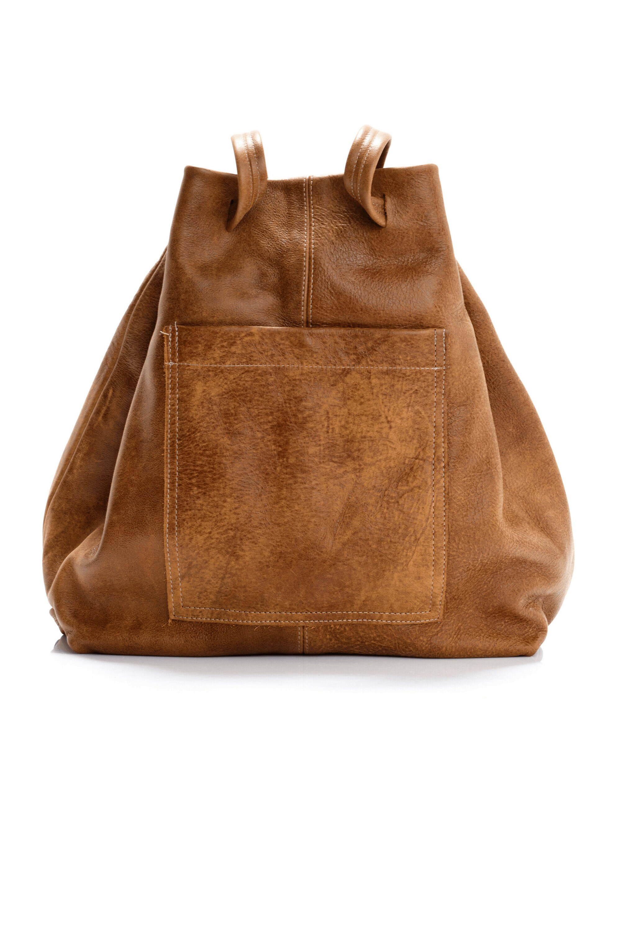 Brown leather top drawstring backpack