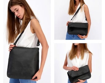 Leather Bag Woman, Leather Handbag, Convertible Bag, Personalized Leather Tote Bag, Foldover Clutch, Shoulder Bag, Leather Bag, 3 In 1 Bag