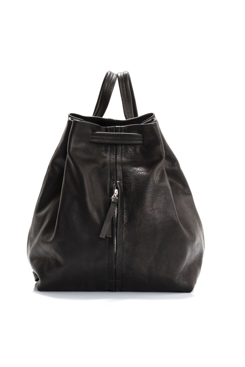 Black Leather BackPack, Drawstring Backpack, Backpack Purse Women, Leather Rucksack Backpack, Soft Leather Back Pack, Everyday Backpack image 4