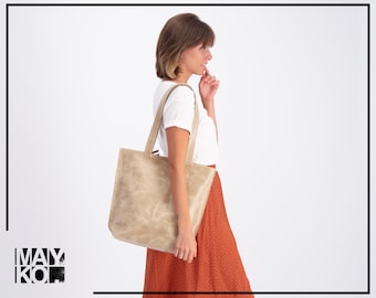 Leather Tote, Beige Leather Bag, Leather Tote Bag, Laptop Bag Woman, Shoulder Bag, Leather Tote With Zipper, Personalize Tote Bag For Woman