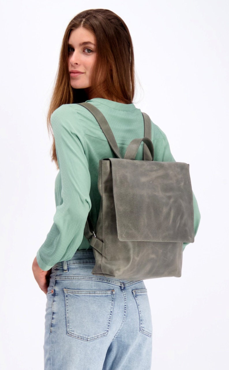 Women Leather Backpack Grey Leather Backpack Laptop Etsy