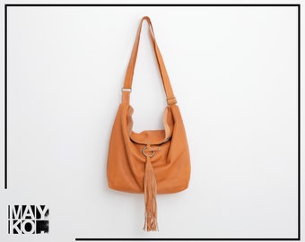 Camel Leather Hobo Bag, Women Leather Handbag, Hobo Crossbody Bag, Soft Leather Bag, Adjustable Strap, Leather Tassel Closure, Sac Bag