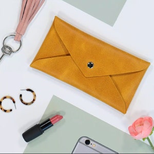 Yellow Leather Case, Personalized Gift, Envelope Clutch, Clutch Wristlet, Gift For Woman, Leather Wallet, Leather Pouch, Small Leather Bag, image 2