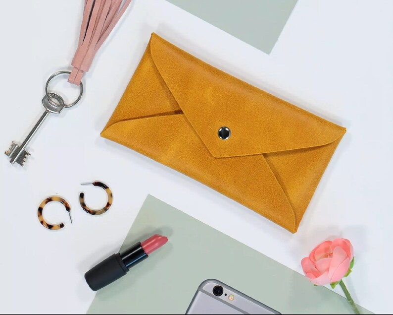 Yellow Leather Case, Personalized Gift, Envelope Clutch, Clutch Wristlet, Gift For Woman, Leather Wallet, Leather Pouch, Small Leather Bag, image 2