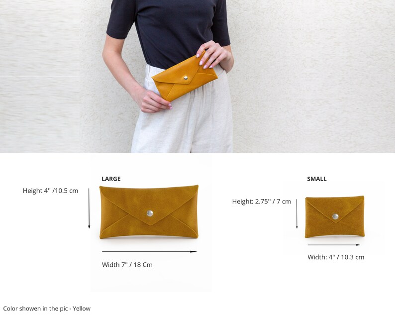Yellow Leather Case, Personalized Gift, Envelope Clutch, Clutch Wristlet, Gift For Woman, Leather Wallet, Leather Pouch, Small Leather Bag, image 5