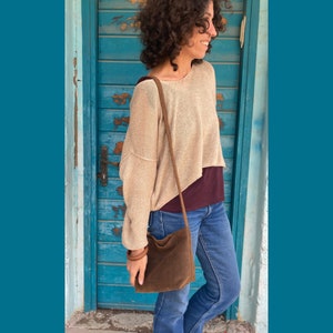 Suede Leather Crossbody Bag Woman, Brown Leather Cross Body Purse, Small Leather Handbag, Slouchy Leather Bag, Suede Bag, Gift For Her MAYKO image 8