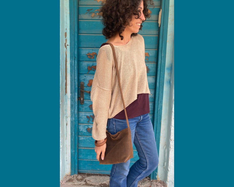 Suede Leather Crossbody Bag Woman, Brown Leather Cross Body Purse, Small Leather Handbag, Slouchy Leather Bag, Suede Bag, Gift For Her MAYKO image 8