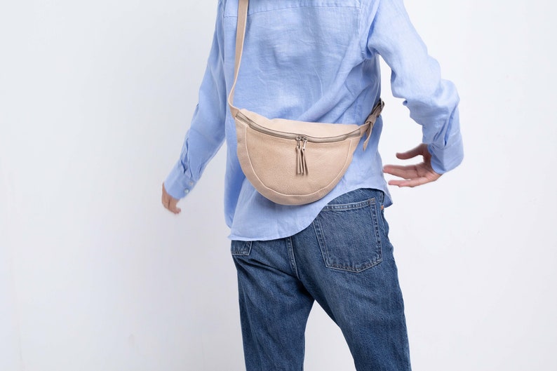 Leather Fanny Pack, Small Leather Cross Body Bag, Bum Bag, Leather Sling Bag For Men & Women, Leather Hip Bag, Leather Belt Bag Women Beige