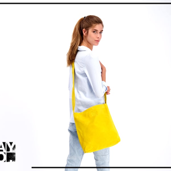 Yellow Leather Bag, Leather Crossbody Tote, Suede leather bag, Soft Leather Bag, Lightweight Leather, Tote bag, Suede Bag, Woman Bags