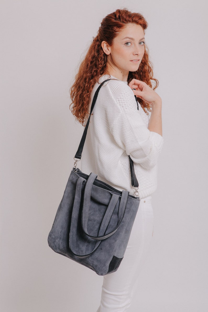 Leather Tote Bag, Crossbody Purse, Suede Leather Bag For Woman, Shoulder Bag, Leather Crossbody Bag Tote with Zipper, Handmade Leather Purse Gray