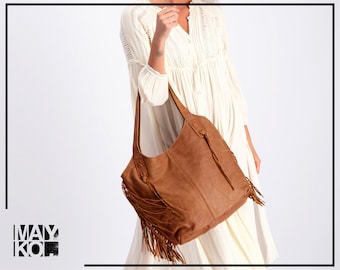 Bolso de cuero para mujer, bolso tote de cuero, bolso con flecos, bolso boho, cuero suave, bolso de mano, bolso de cuero grande, cierre de cremallera