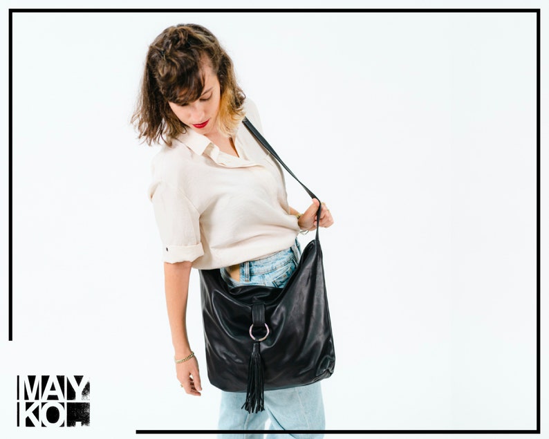 Gray Leather Hobo Bag, Women Leather Handbag, Hobo Crossbody Bag, Soft Leather Bag, Adjustable Strap, Leather Tassel Closure image 6