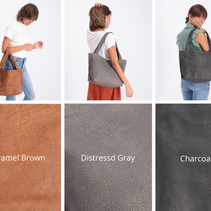 Gray Leather Tote Bag with Zipper, Handmade Bag, Soft Leather Bag, Distressed Leather Shoulder Bag, Women Bag, Medium Leather Tote Bag image 6