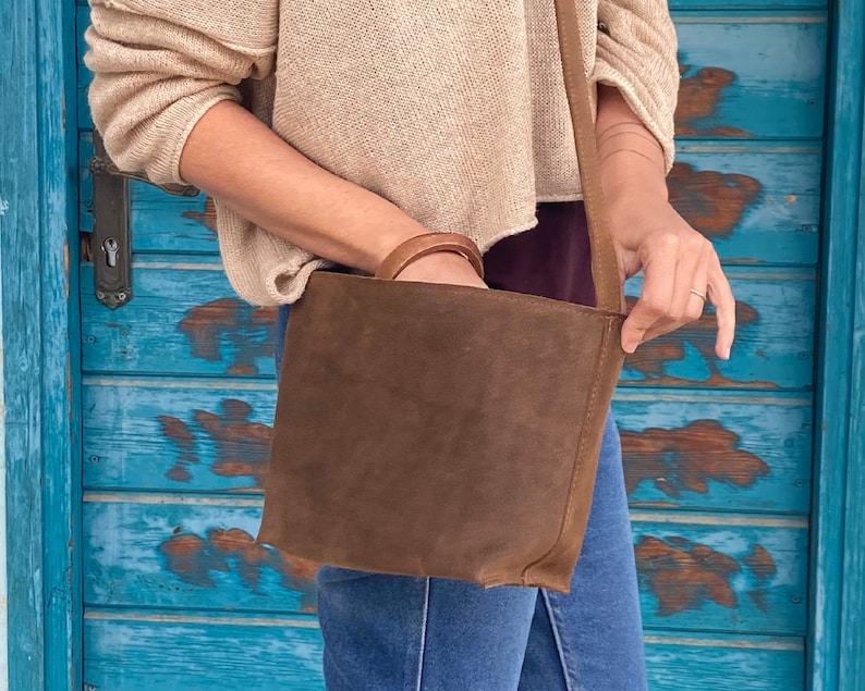 Suede Leather Crossbody Bag Woman, Brown Leather Cross Body Purse, Small Leather Handbag, Slouchy Leather Bag, Suede Bag, Gift For Her MAYKO Bag + Zipper