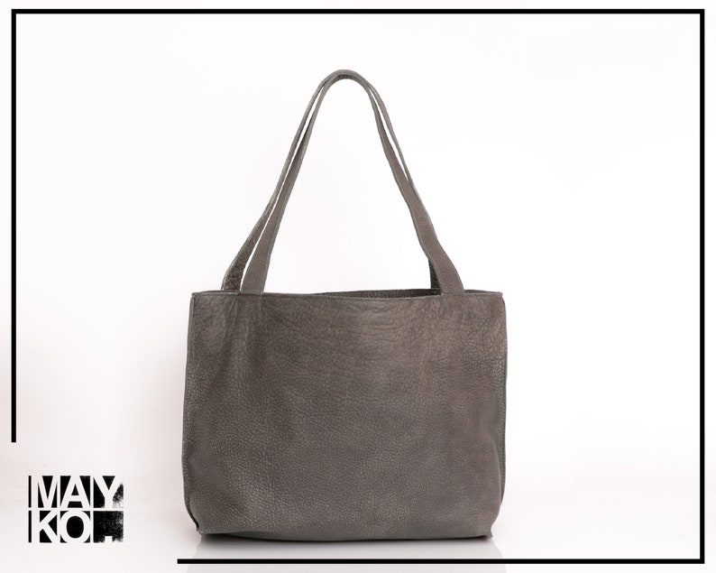 Gray Leather Tote Bag with Zipper, Handmade Bag, Soft Leather Bag, Distressed Leather Shoulder Bag, Women Bag, Medium Leather Tote Bag image 5