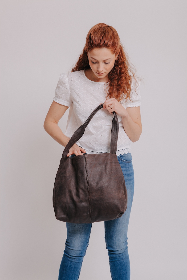 Vegan Leather Tote Oversized Bag Distressed Brown Leather Vegan Purse Women Bag Shoulder Bag Weekender Bag Tami Bag image 2