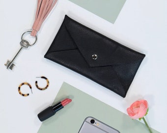 Black Leather Envelope Clutch, Leather Wristlet, Travel Pouch, Clutch Wallet, Travel Wallet Passport Holder, Handmade Leather Clutch Purse