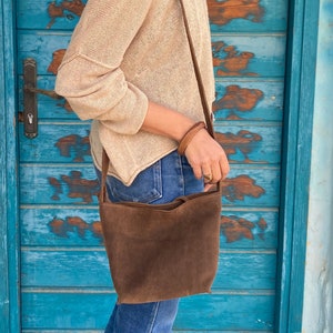 Suede Leather Crossbody Bag Woman, Brown Leather Cross Body Purse, Small Leather Handbag, Slouchy Leather Bag, Suede Bag, Gift For Her MAYKO