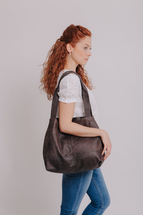 Vegan Leather Tote Oversized Bag Distressed Brown Leather 