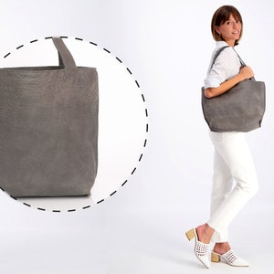 Gray Leather Tote Bag with Zipper, Handmade Bag, Soft Leather Bag, Distressed Leather Shoulder Bag, Women Bag, Medium Leather Tote Bag image 4