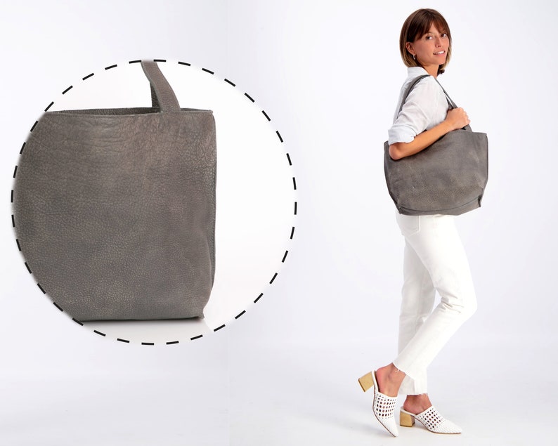 Gray Leather Tote Bag with Zipper, Handmade Bag, Soft Leather Bag, Distressed Leather Shoulder Bag, Women Bag, Medium Leather Tote Bag image 4