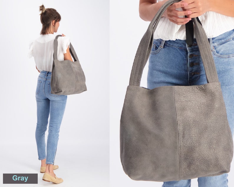 Tote bag Brown leather bag Leather laptop bag Tote bag with pocket Large Bag Leather tote bag for woman Soft leather bag Gray