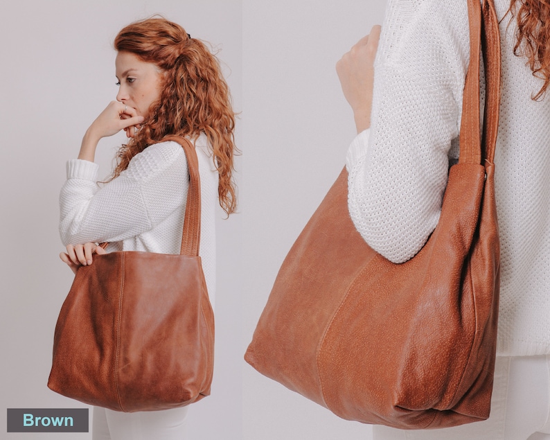 Brown Leather Purse, Classic Leather Bag, Large Handbag for Women, Teacher Tote Bag with Pockets, Slouchy Soft Leather Bag, Leather Work Bag image 5