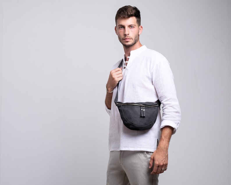 Mens Crossbody Bag, Leather Belt Bag, Small Leather Crossbody Bag, Unisex Bum Bag, Leather Sling Bag, Leather Hip Bag, Cross Body Fanny Pack Gray