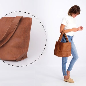 Gray Leather Tote Bag with Zipper, Handmade Bag, Soft Leather Bag, Distressed Leather Shoulder Bag, Women Bag, Medium Leather Tote Bag Caramel Brown