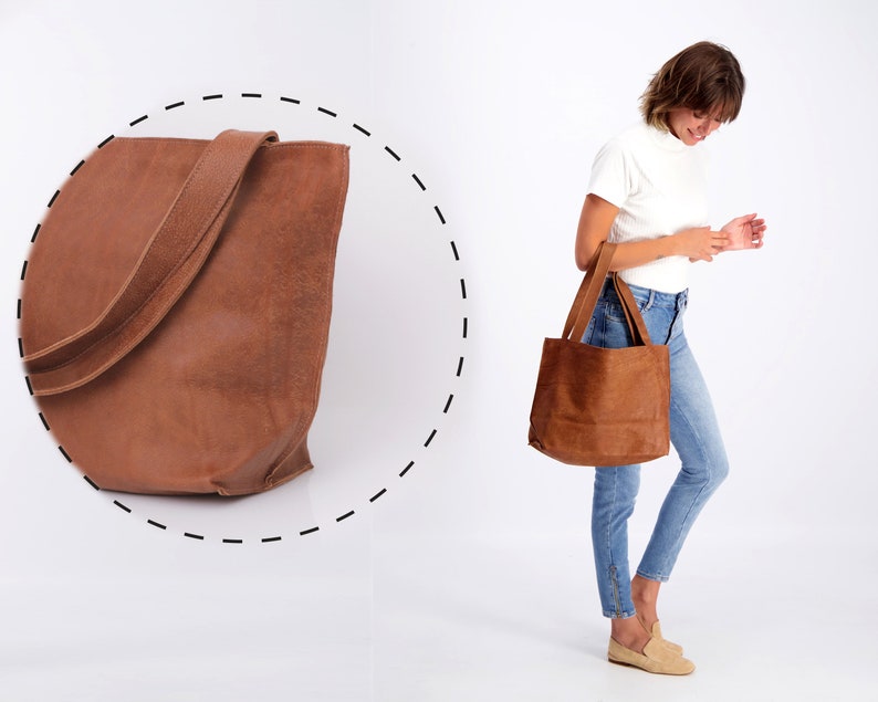 Gray Leather Tote Bag with Zipper, Handmade Bag, Soft Leather Bag, Distressed Leather Shoulder Bag, Women Bag, Medium Leather Tote Bag Caramel Brown