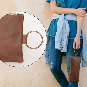 Bruin leren clutch Zacht leren schoudertasje Dames handtas Cadeau-ideeën Leren tas, leren etui met metalen ringarmband Cinnamon Brown