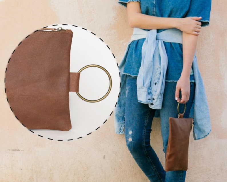 Bruin leren clutch Zacht leren schoudertasje Dames handtas Cadeau-ideeën Leren tas, leren etui met metalen ringarmband Cinnamon Brown