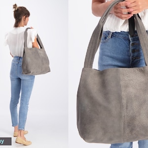 Brown Leather Bag, Women Soft Leather Bag, Big Bag, Shoulder Bag with Magnetic closer, Over Size Bag, Brown Leather Tote Bag, TAMI BAG Gray