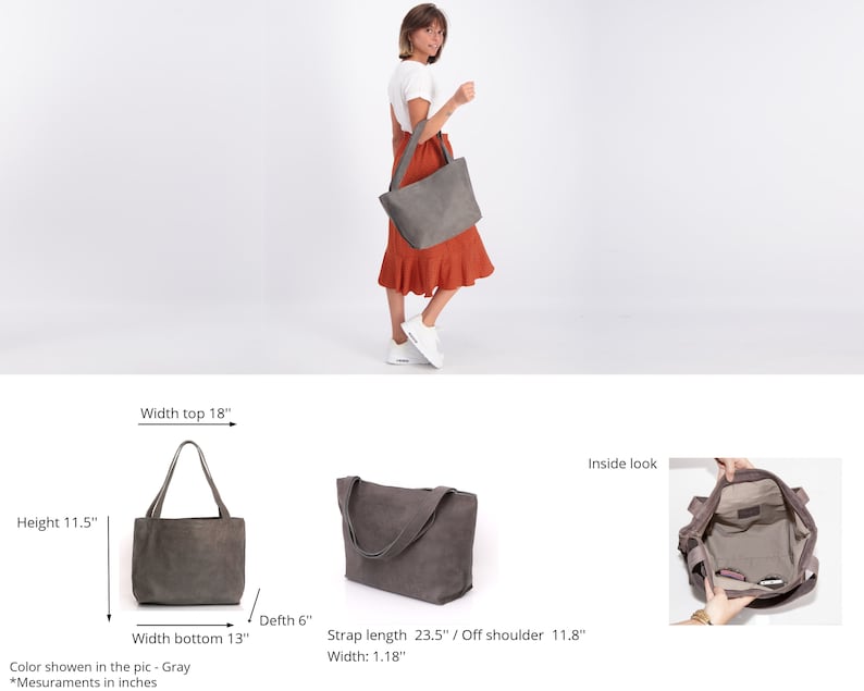 Gray Leather Tote Bag with Zipper, Handmade Bag, Soft Leather Bag, Distressed Leather Shoulder Bag, Women Bag, Medium Leather Tote Bag image 7