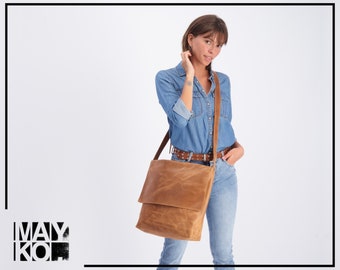 Bruin lederen tas, damestas, lederen crossbody tas, bruin lederen tas, laptoptas, gepersonaliseerde tas, handgemaakte tas MAYKO