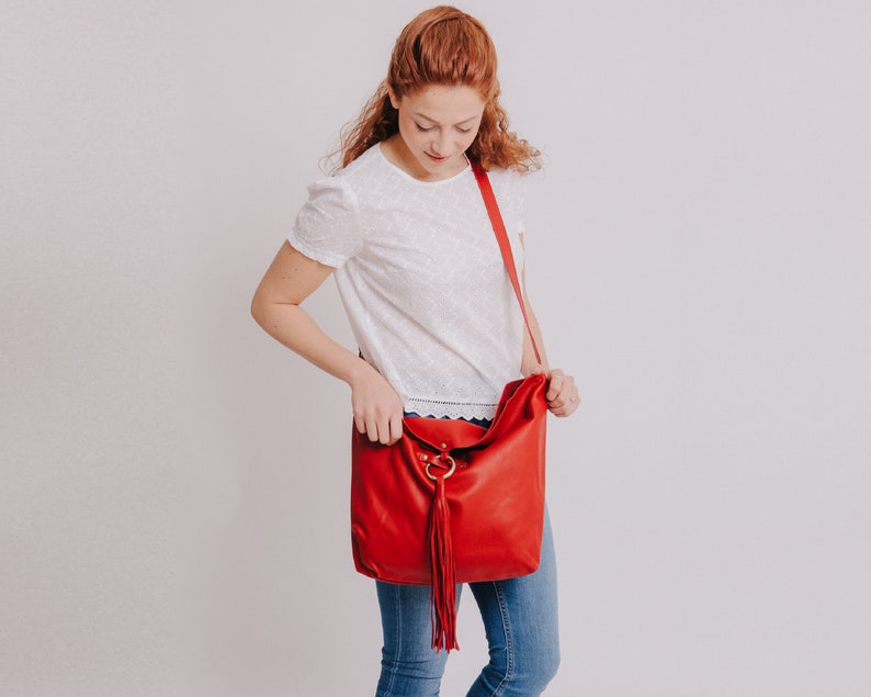 Leather Crossbody Bag, Red Leather Hobo Bag, Soft Leather Shoulder Bag, Leather Satchel, Women Leather Handbag, Red Bag image 2