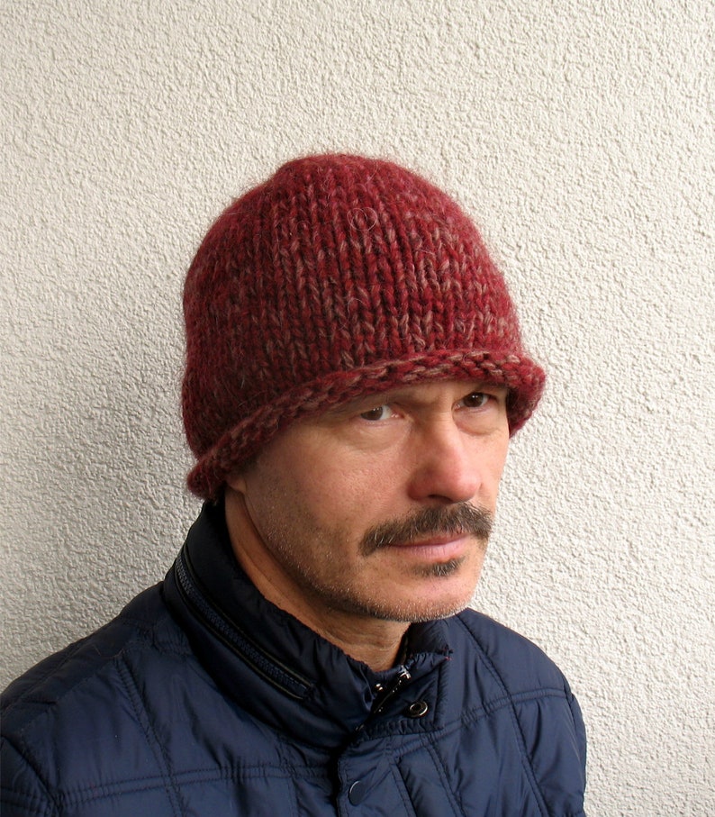 Mens Dark Red Winter 100 Natural Icelandic And Sheep Wool Eco Hat Pure Wool Knit Winter Warm And Chunky Hat With Rolled Brim Handmade Hat