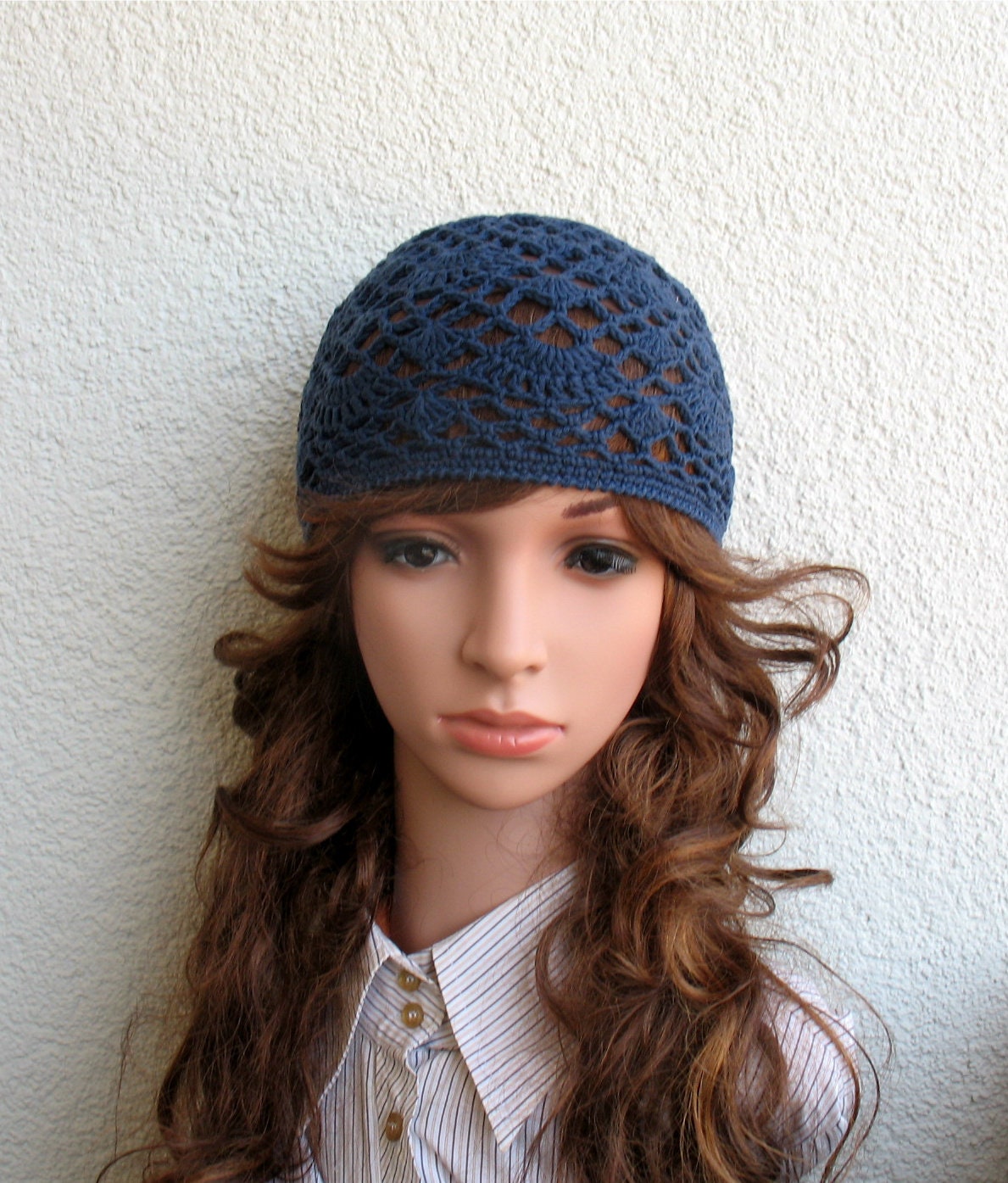 Crochet Cotton Skull Cap, Navy Blue Summer Beanie - Etsy display picture 1