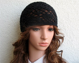 Crochet Summer Hat, Black Lace Cotton Boho Beret