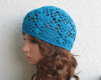 Women's summer hat  Crochet lace hat Boho summer hat Turquoise color hat 100% cotton crochet hat Women's vintage style hat Mini hat