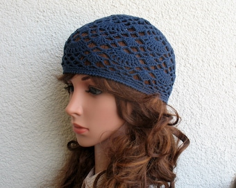 Crochet Cotton Skull Cap, Navy Blue Summer Beanie