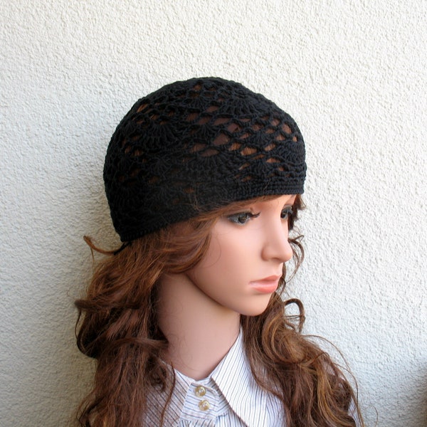 Women's crochet summer hat Lace summer hat Black summer hat 100% cotton boho hat Mini summer hat Cotton beret