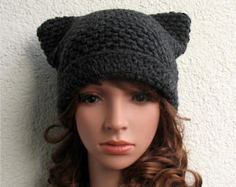 Handmade Wool Cat Ear Hat - Crochet Winter Beanie